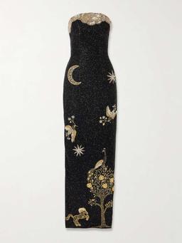 Seraphina strapless embroidered beaded stretch-satin gown