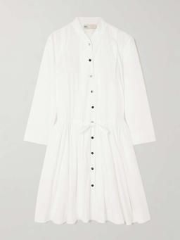 Tie-detailed gathered cotton-poplin mini dress