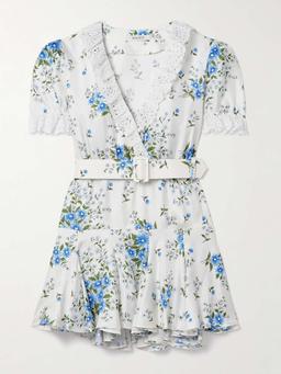 Belted broderie anglaise cotton-trimmed floral-print silk-twill mini dress