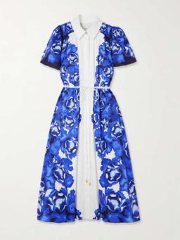 Fernanda belted embellished floral-print cotton midi shirt dress