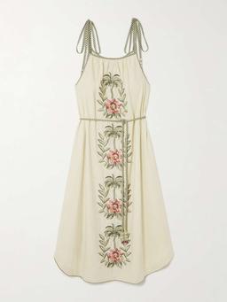 Floral-embroidered linen-blend midi dress