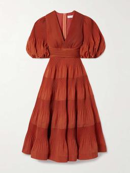 Tiered plissé-taffeta midi dress