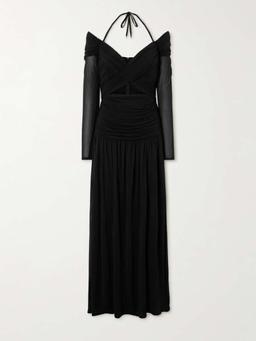 Illuminate cold-shoulder cutout pleated chiffon halterneck maxi dress