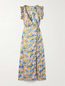 Liana pleated ruffled floral-print satin midi wrap dress