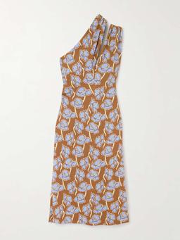 One-shoulder floral-print crepe midi dress