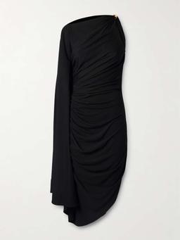 Asymmetric cape-effect embellished draped jersey dress