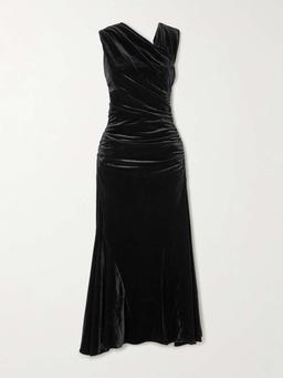 Asymmetric ruched recycled-velvet midi dress