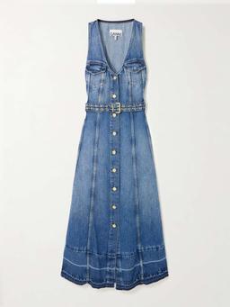 Belted frayed denim midi dress
