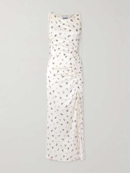 Gathered tie-detailed floral-print satin midi dress