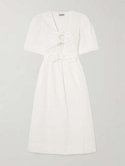 Belted tie-detailed gathered cotton-blend poplin midi dress