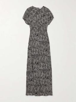Gathered printed silk crepe de chine maxi dress