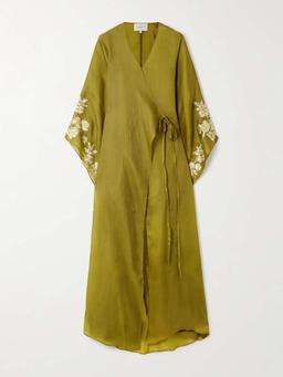Sequin-embellished embroidered organic silk wrap gown