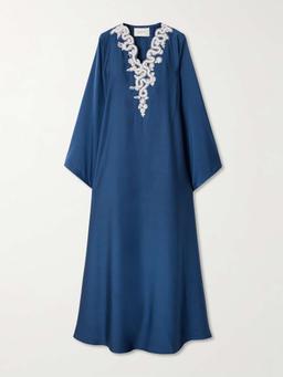 Faux pearl-embellished embroidered twill gown