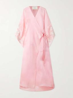 Sequin-embellished embroidered organic silk wrap gown