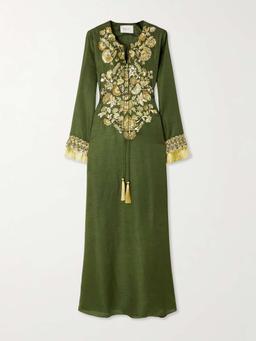 Fringed embellished embroidered silk-blend gown
