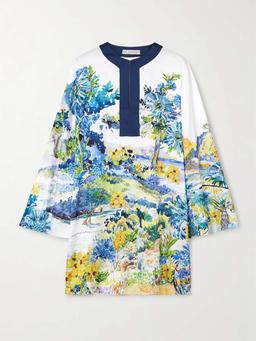 Elsa embroidered floral-print twill mini dress