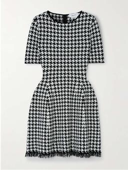 Fringed houndstooth jacquard-knit mini dress