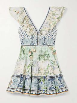 Cutout ruffled printed organic cotton mini dress