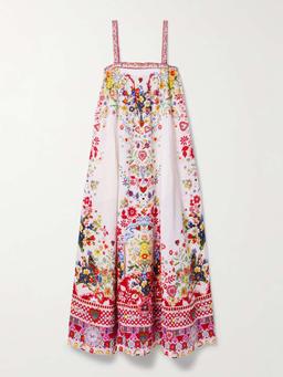 Crystal-embellished printed linen maxi dress