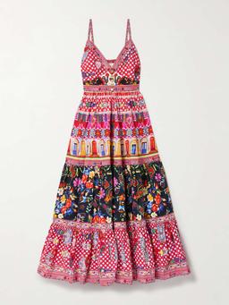 Tiered crystal-embellished printed organic cotton-poplin maxi dress