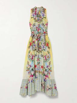 Belted tie-neck crystal-embellished floral-print silk-georgette maxi dress
