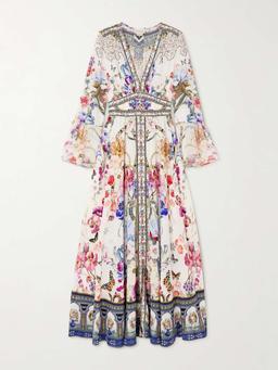 Crystal-embellished ruffled floral-print silk maxi dress