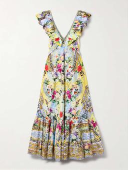 Embellished belted ruffled printed organic cotton-poplin maxi dress