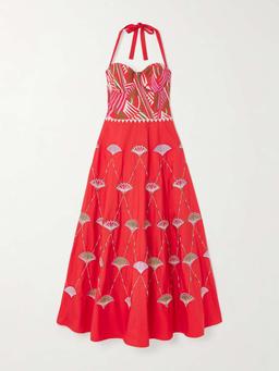 Lotty bead-embellished embroidered cotton-blend poplin halterneck midi dress