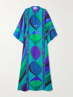 Embellished printed silk-twill kaftan
