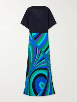 Layered cotton and silk-blend and printed jersey maxi dress