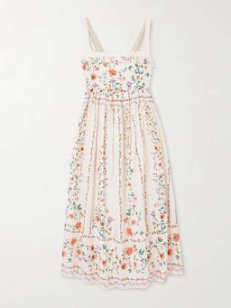 Barbara pleated bead-embellished floral-print linen midi dress