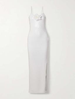 Embellished silk-trimmed sequined tulle gown