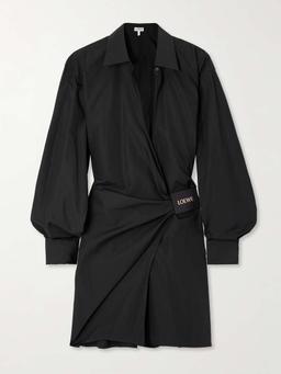 Wrap-effect leather-trimmed draped cotton-poplin mini shirt dress
