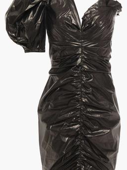 One-sleeve ruched coated-cotton mini dress