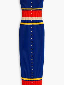 Striped ribbed cotton-blend midi dress