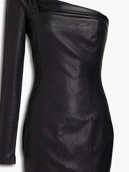 One-shoulder gathered stretch-leather mini dress