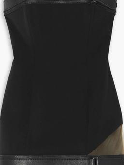 Leather-embellished cutout crepe mini dress