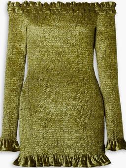 Megara off-the-shoulder shirred stretch-velvet mini dress