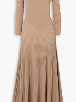 Rebecca off-the-shoulder ruched pleated stretch-knit maxi dress