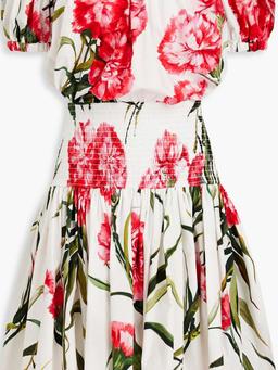 Off-the-shoulder shirred floral-print cotton mini dress