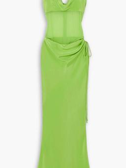 Cutout draped silk-satin and voile maxi dress