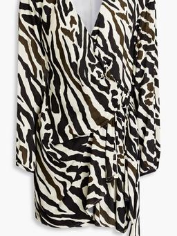 Wrap-effect draped zebra-print crepe mini dress