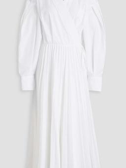 Pleated cotton-blend poplin midi wrap dress