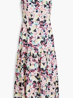 Gathered printed satin-crepe midi dress