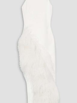 Asymmetric feather-trimmed cady midi dress
