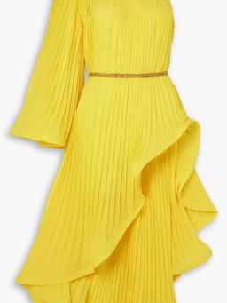 One-shoulder belted pleated georgette midi dress