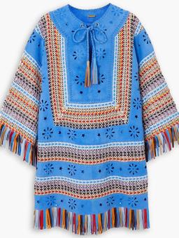 Nifra fringed perforated suede and woven leather mini dress