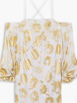 Cold-shoulder metallic floral-print cotton-voile mini dress