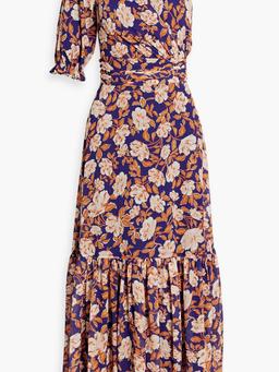 One-shoulder floral-print crepe de chine midi dress