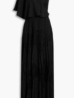 One-shoulder pleated crepe and lace maxi dress